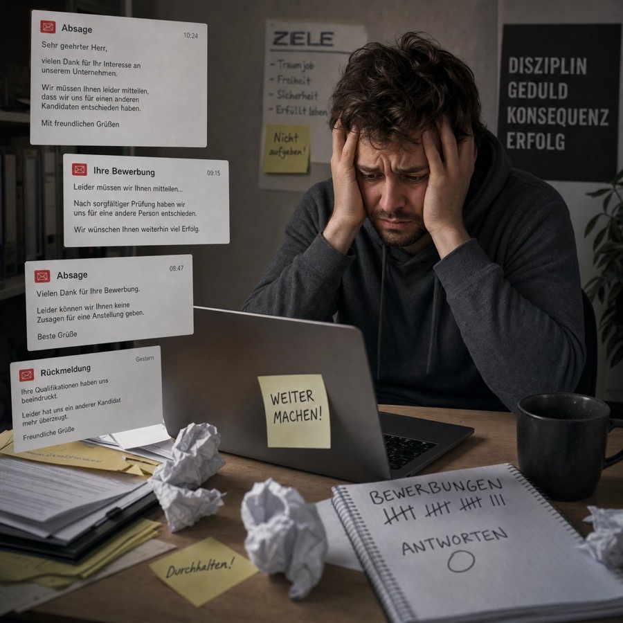 Ein Mann sitzt erschöpft vor seinem Laptop, umgeben von Absagen und Notizzetteln