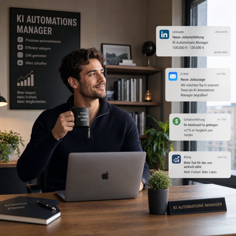 Ein Mann mit Kaffeetasse am Laptop, neben ihm Benachrichtigungen und eine Tafel „KI Automations Manager“
