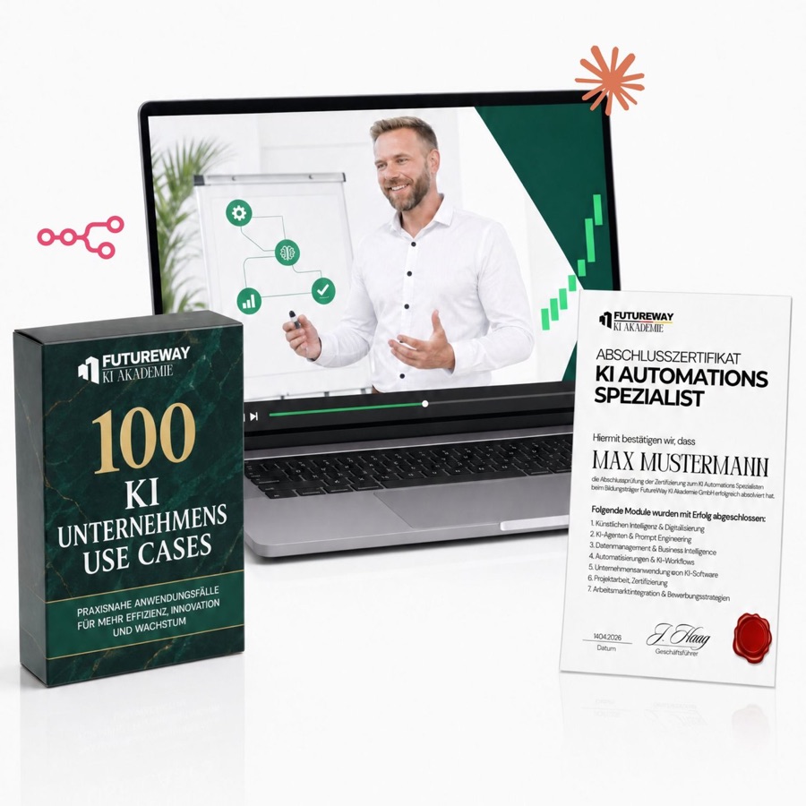 Kursmaterial: Laptop mit Lernvideo, Kartenset „100 KI Unternehmens Use Cases“ und Zertifikat